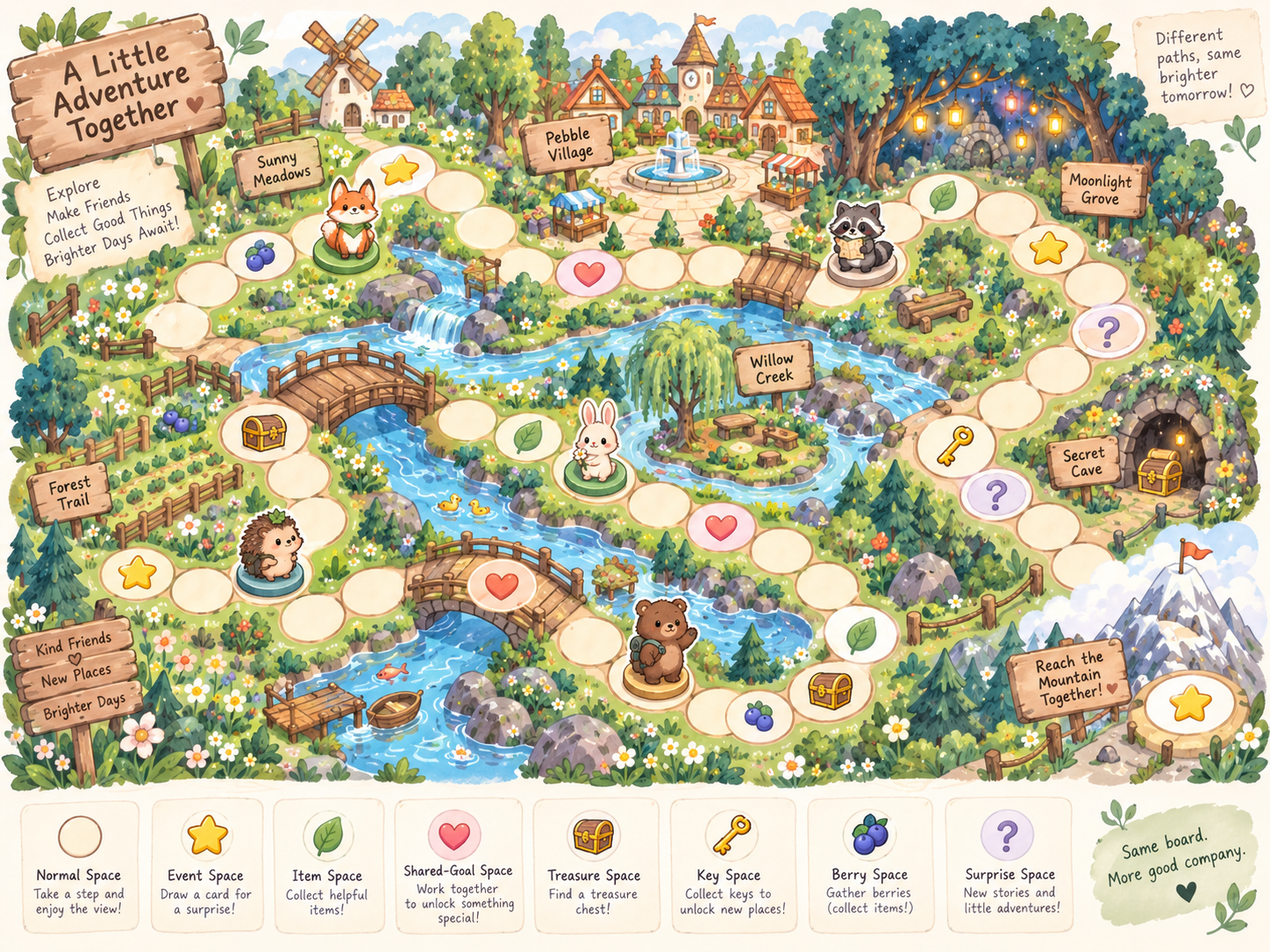 An illustrated path through meadows, a village, a forest, and a mountain.